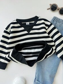SHEIN 2 件套男婴条纹运动衫和蓝色牛仔裤套装，适合秋冬季室内、户外、日常穿着、运动、玩耍、派对、拍照、节日、狂欢 - 彩色 - 查看 4