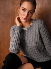 MOTF PREMIUM FAUX PEARLS TRIM SOLID CABLE KNIT SWEATER - Grey - View 4