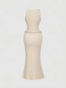 SHEIN MOD 女款優雅圓領無袖繫帶毛衣洋裝，淺米色，秋季，優雅，約會，純色波西米亞西式穿搭，秋季婚禮賓客禮服 - 卡其色 - 查看 2
