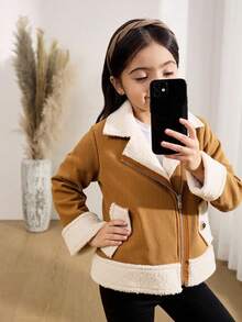 Young Girl Zipper Collar Long Sleeve Patchwork Fleece Casual Motorcycle Jacket Fall Winter - Khaki - View 3