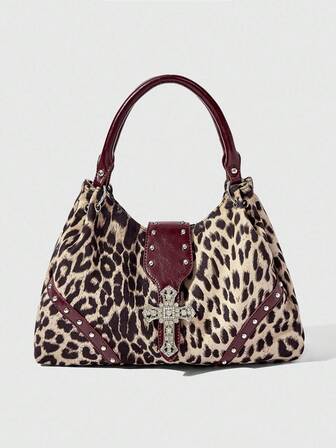 Grunge Punk Fashionable Vintage Leopard Print Cross Decor Women Shoulder Bag