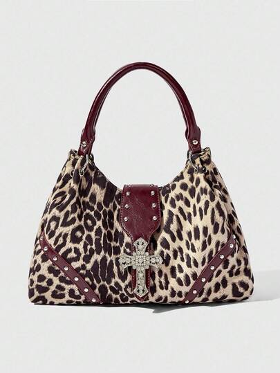 ROMWE Grunge Punk Fashionable Vintage Leopard Print Cross Decor Women Shoulder Bag