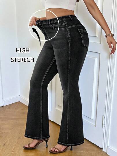 SHEIN PETITE CURVE Plus Size Fall Autumn Winter Back To School Homecoming Halloween Christmas Y2k Cute Streetwear Goth Grunge Techno Birthday Night Out Going Out Club Airport Business Casual Woman Country Vintage Modest Old Money Business Casual Woman Work Clothes Teacher For Women Church Women Solid Color Pocket Elastic Skinny Flare Black Jeans Grey Jeans