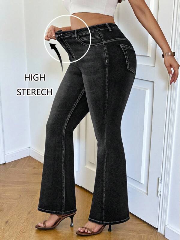 SHEIN PETITE CURVE 大码 秋季 秋季 冬季 返校节 万圣节 圣诞节 千禧年 可爱 街头服饰 哥特 垃圾摇滚 科技 生日 夜晚外出 俱乐部 机场 商务休闲女装 乡村 复古 朴素 老式 金钱 商务休闲女装 工作服 女士教师装 教堂装 纯色 口袋 弹性 紧身喇叭裤 黑色牛仔裤 灰色牛仔裤