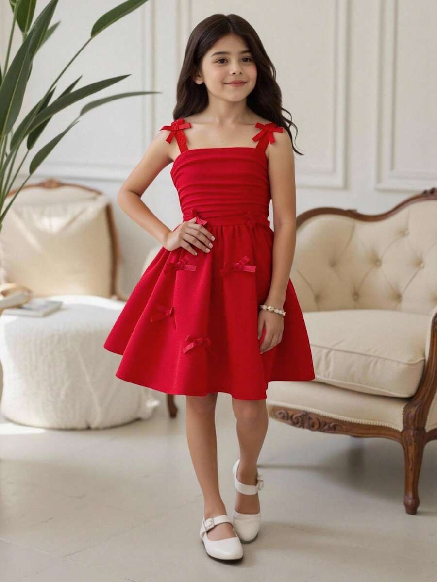SHEIN Vestido de gasa maxi para niña preadolescente con elegante lazo 3D de unicolor, tirantes fruncidos, adecuado para fiestas y eventos, nueva llegada primavera/verano - Rojo - Ver 1