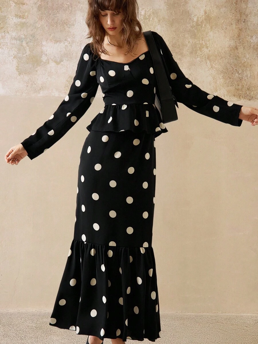 Cévolie Minimalist Polka Dot Print Ruffle Hem Dress