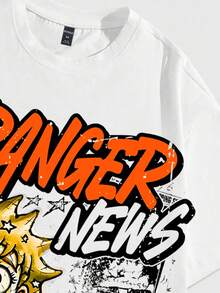 ROMWE MEN Street Life 男士休闲字母图案圆领短袖T恤，夏季 - 白色 - 查看 5