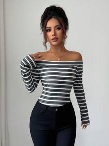 Elenzga 25-30+ 罗纹露肩长袖优雅女士T恤，休闲秋季 - 黑色 - 查看 4