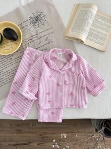SHEIN 女婴幼儿新生儿0-3岁秋冬条纹蝴蝶结长袖衬衫休闲套装，适合居家和户外 - 粉色 - 查看 8