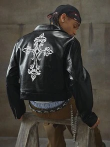 AXEPEAK Men's Turndown Collar Long Sleeve Front Zipper Short Jacket, Fall Winter, Grunge - Black - View 5