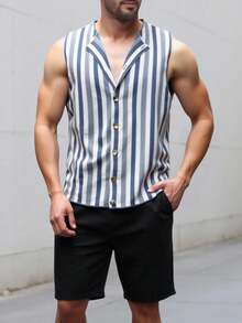 Claim Dot Contrast Stripe Sleeveless Knit Top For Men Summer , Striped Shirt - Blue and White - View 4