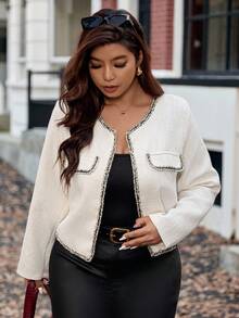 Vionelle Plus Size Women's Elegant Black And White Formal Office Cardigan Jacket,Featuring Chest Pocket,Front & Hem Lace Trim,Long Sleeve,Autumn Winter Cloth - White - View 5