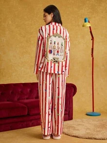 HARRY POTTER X SHEIN Conjunto de pijama feminino com estampa de desenho animado em listras vermelhas e brancas, blusa de manga comprida e calça folgada, ideal para primavera/outono e inverno.