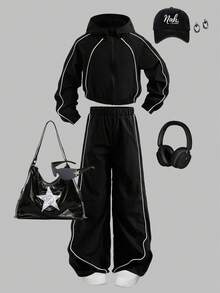 Tween Girl 撞色连帽拉链夹克和阔腿裤套装 - 黑色 - 查看 7