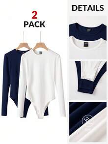 SHEIN BASICS 2件/組 女款休閒素色針織圓領長袖連身衣，黑色與白色連身衣 - 藏蓝色 - 查看 9