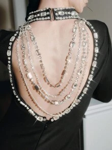 Anewsta Women's Elegant Handmade Rhinestone Chain Backless Dress - Black - View 3