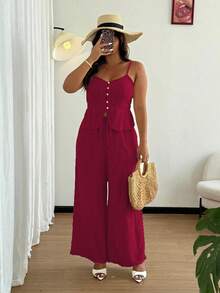 Flirla مجموعة بلوزة وبنطلون كاجوال من الكتان للمرأة ذات المقاسات الكبيرة، صيفي - عنابي اللون - مشاهدة 1