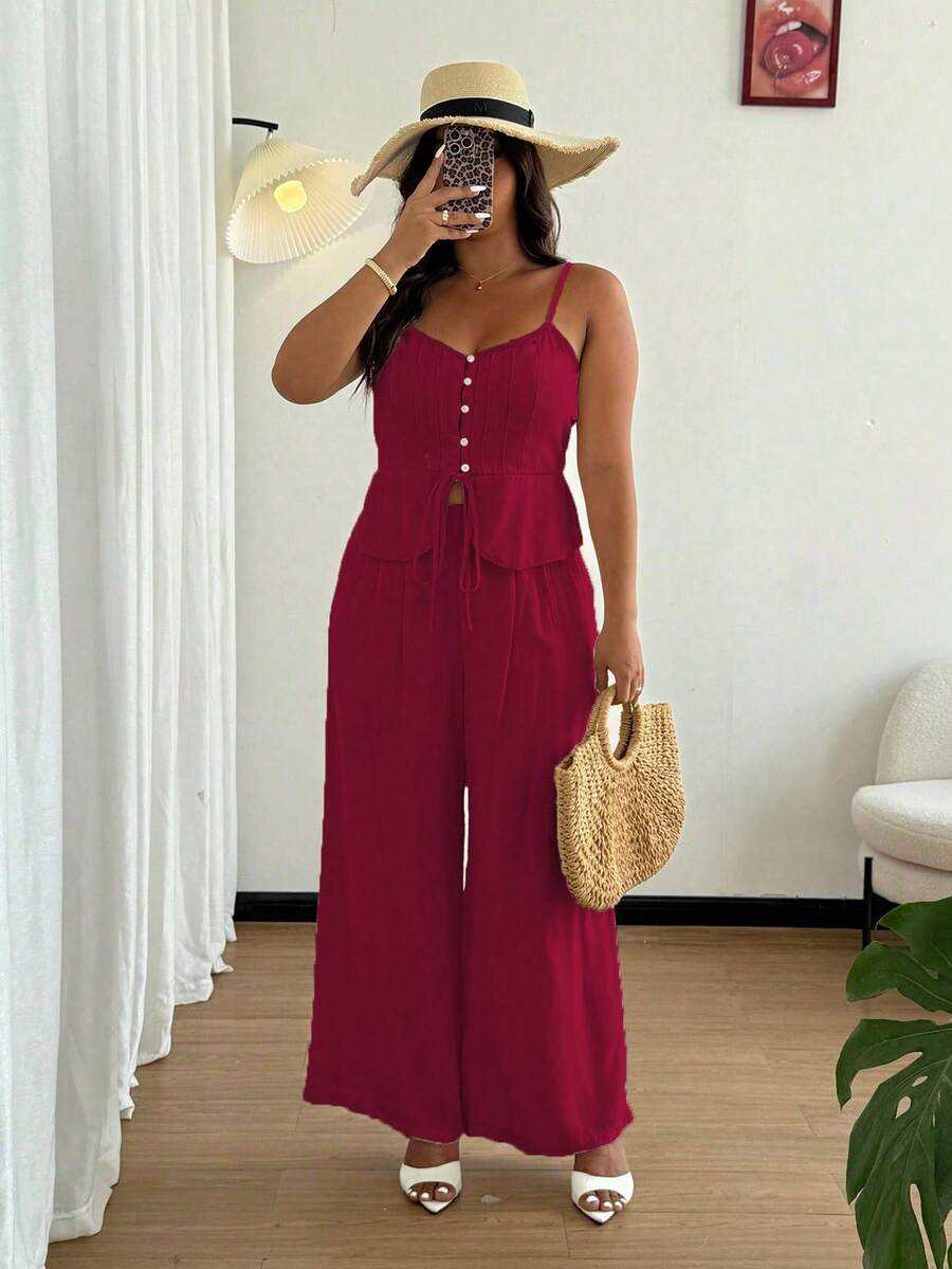 Flirla مجموعة بلوزة وبنطلون كاجوال من الكتان للمرأة ذات المقاسات الكبيرة، صيفي - عنابي اللون - مشاهدة 1