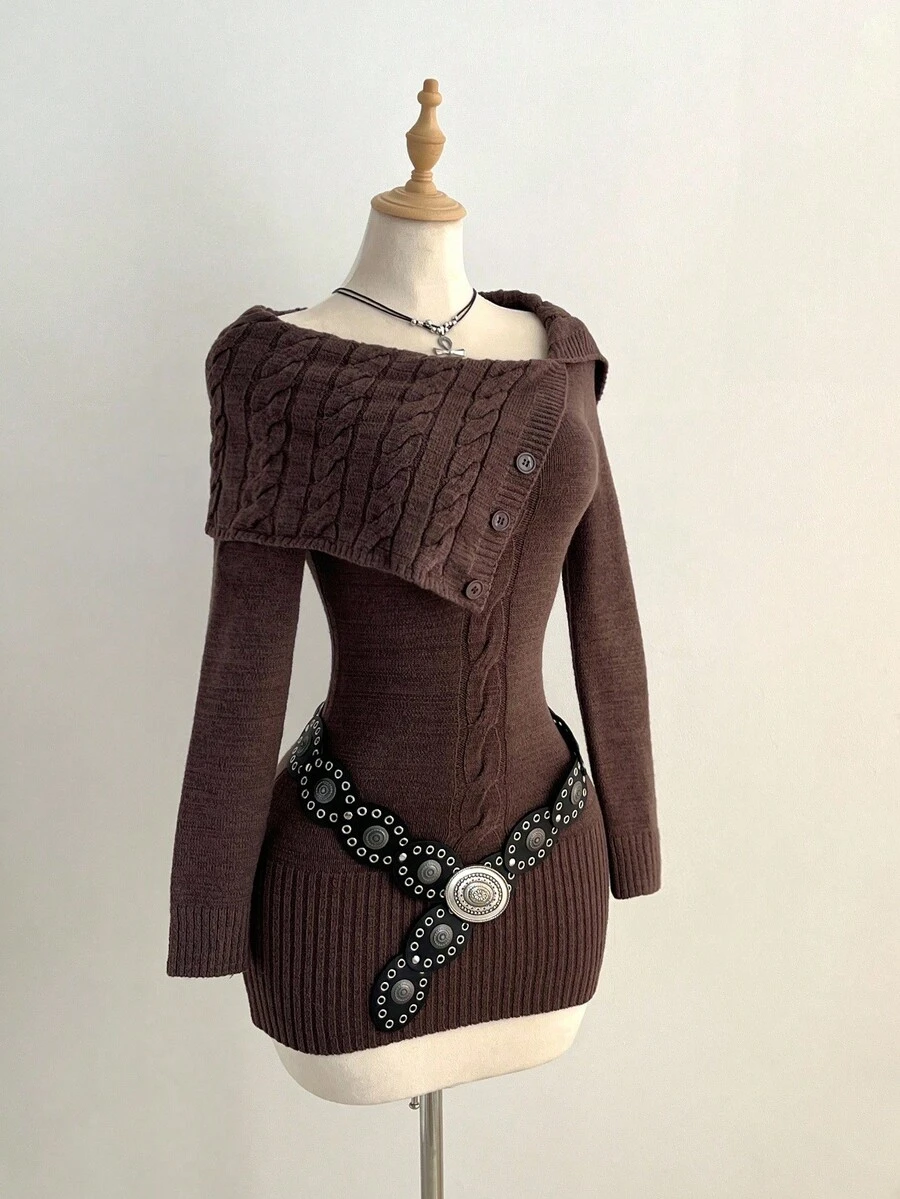 Elamini Women's Retro Casual Off Shoulder Twist Cable Pattern Fitted Knit Dress Fall Winter Cloth For Women - Brown - View 1