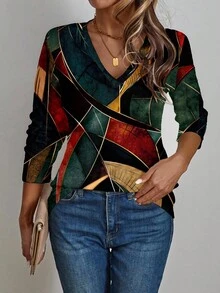 EMERY ROSE Áo thun nữ tay dài cổ chữ V in họa tiết hình học, kiểu dáng thường ngày, thích hợp mặc mùa xuân/thu, áo cổ chữ V in họa tiết hình học, áo kiểu mùa thu cho nữ, áo in hình đồ họa, áo in họa tiết trừu tượng, kiểu dáng thường ngày. - Nhiều màu - Xem 4