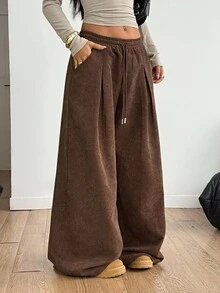 Coolane Women's Winter/Fall Streetwear Casual Vintage Preppy Basic Corduroy Comfortable Brown Baggy Wide Leg Sweatpants Y2k - Brown - View 7
