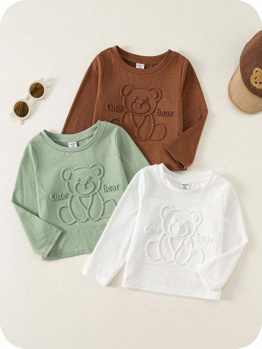 SHEIN 3 件装可爱卡通压花图案长袖卫衣，适合男婴和女婴，百搭秋冬男女通用婴儿服装 - 彩色 - 查看 1