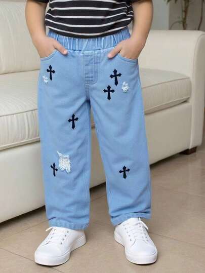 Genkimix Kids Young Boy Autumn New Personalized Cool Washed Denim Printed Loose Straight Leg Jeans, Casual Stylish Fall Winter