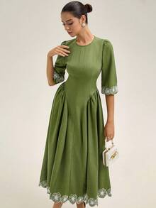 BELROSIE Nouvelle robe d'automne/hiver pour femmes avec manches lanternes, broderie sur les manches 3/4 et l'ourlet, contraste de couleurs, style français minimaliste et élégant avec taille évasée - Vert - Voir 6