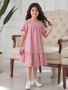 SHEIN Tween Girl Pink Textured Fabric Comfortable Casual Loose Vacation Dress,Holiday Summer Travel Summer Holiday
