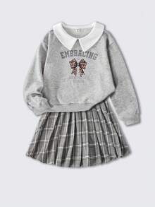 SHEIN Explorewe 2 件女童时尚休闲长袖可爱公主领蝴蝶结印花运动衫，柔软面料上衣和百搭褶皱格子裙，适合圣诞节、万圣节、秋季 - 灰色 - 查看 5