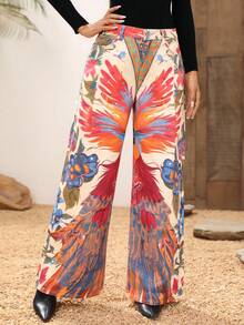 EMERY ROSE Women's High Waist Floral & Animal Print Wide Leg Jeans, Vacation Style - Multicolor - View 7