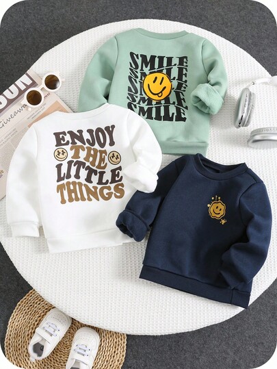 SHEIN 3pcs/Set Baby Boys/Girls Casual Cute Sports Streetwear Basic Minimalist Cartoon Pattern Comfortable Fashionable Crew Neck Sweatshirts In Black, White, Khaki, Suitable For Spring, Autumn, Winter Baby Boy Crew Neck Baby Boy Graphic Sweatshirt Baby Boy Sweatshirt Fall