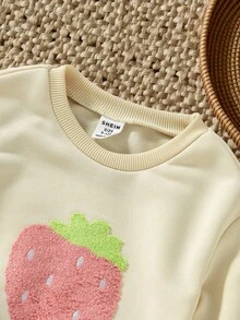 SHEIN 女婴幼儿/新生儿 0-3 岁春夏休闲可爱水果草莓印花圆领长袖运动衫 + 罗纹紧身打底裤套装 - 杏色 - 查看 5