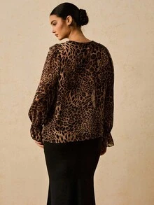 Travachic Plus Size Women Chiffon Floral Print Long Sleeve Blouse, Leopard Print Ruffle Hem Shirt,Fall Clothes For Women - Multicolor - View 2