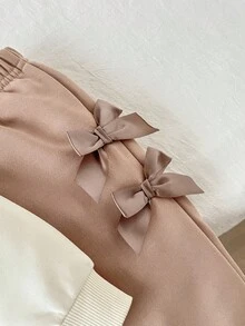 SHEIN Vintaside Kids 2 sztuki/zestaw dla dziewczynek jesień/zima nowy fuksja i róż swobodny uroczy kokardka z długim rękawem bluza top i spodnie