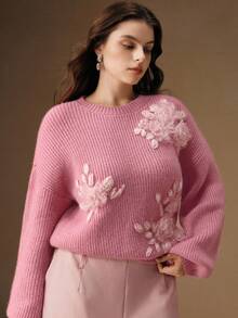 Anewsta 新款加厚套头毛衣，秋冬畅销款，时尚3D立体花卉针织圆领毛衣，宽松舒适针织上衣，大码毛衣外套，女士冬季服装 - 粉色 - 查看 6