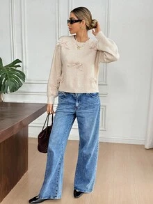 SHEIN Frenchy 女士休闲优雅百搭毛衣，带 3D 蝴蝶结丝带装饰，秋冬女装 - 杏色 - 查看 4