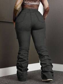 Slaydiva 冬季加大码女式弹力蓝色牛仔裤，带口袋和褶皱裤脚 - 灰色 - 查看 2