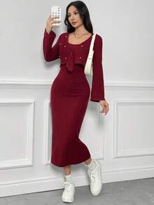 2pcs Set Elegant Beaded Decor V-Neck Long Sleeve Top & Fitted Knit Maxi Skirt, Stylish Outfit For Teens & Young Women, Spring/Autumn Fall Winter - Burgundy - View 6
