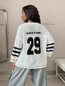 Coolane Girls Knit Striped & Number Printed 3/4 Sleeve Oversized Jersey Cover Up Sweater,Halloween In Fall/Winter