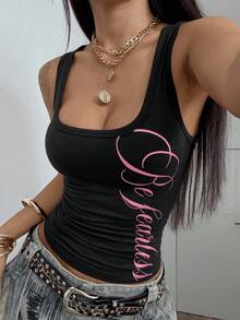 StreetHx Women's Black Versatile Commuter U-Neck Silver English Letter Print Streetwear Slim Fit Camisole Tank Top, Suitable For Spring/Summer