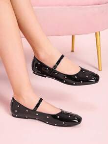 CUCCOO DOLLMOD Women's Rhinestone Decor Glossy Buckle Design Flat Casual Shoes - Black - View 4