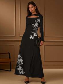 Lilora Women's Elegant Floral Embroidery Hollow-Out Long Sleeve Dress Fall Elegant And Dignified Office Work,Events,Daily,Vacation - Black - View 3