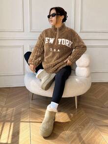 SHEIN EZwear مجموعة من 2 قطعة: هوديي بسحاب مطبوع عليه حرف وبنطال يوجا مناسب، متعدد الاستخدامات مقاس كبير، للخريف/الشتاء