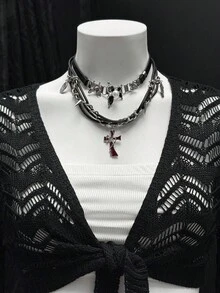 EgrlEra Áo len crop top ngắn màu rỗng có cà vạt - màu đen - Xem 5