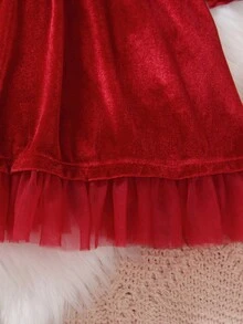 Young Girls Elegant Velvet Long Sleeve Dress, Decorated With Mesh And Bow For Vibe, Suitable For Christmas Party, Daily Wear In Autumn/Winter - Red - View 8