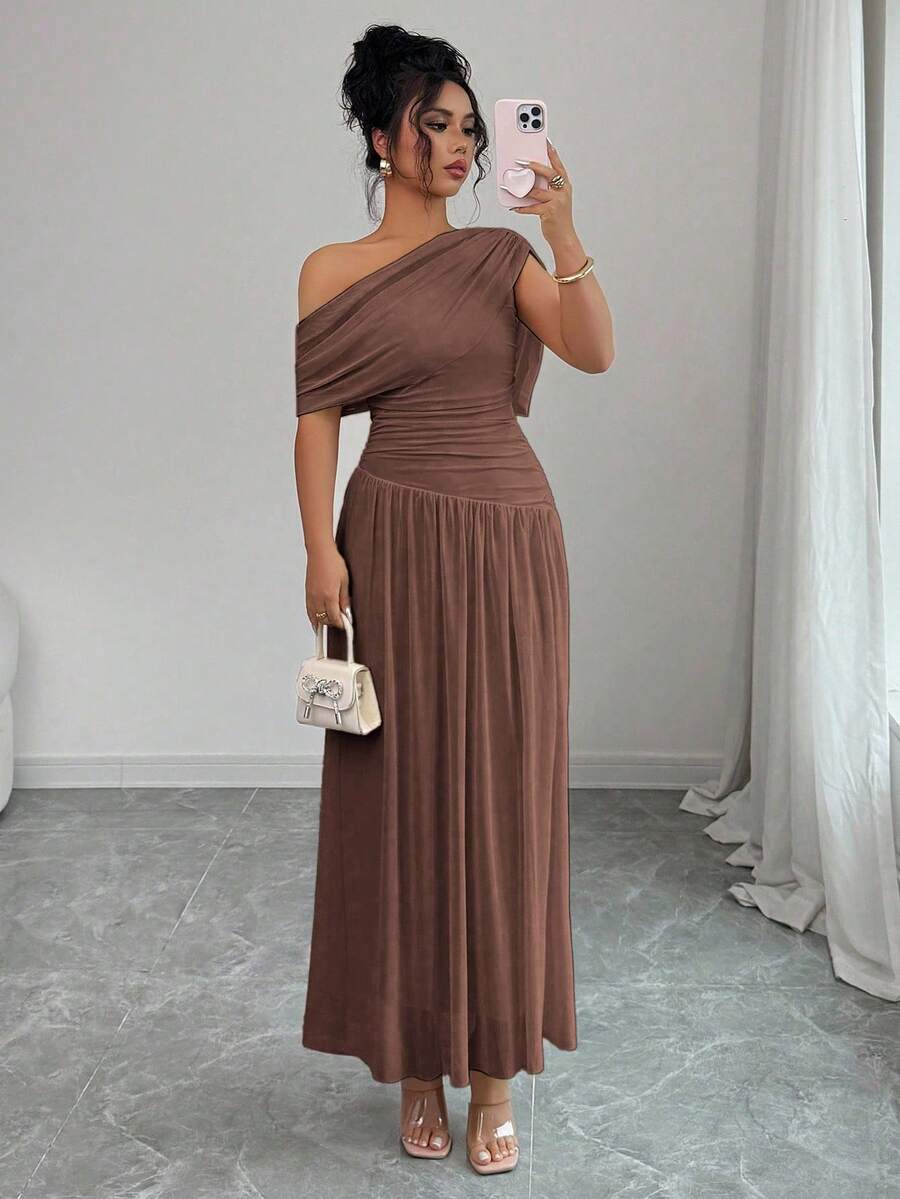 Selianne Váy dài kiểu Pháp thanh lịch màu trơn dành cho nữ, váy dài dệt kim xếp ly bất đối xứng, đầm dạ hội sang trọng - màu nâu - Xem 1