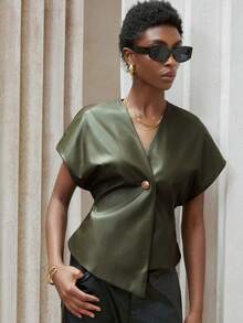 Aveloria Modichic V领不对称剪裁PU面料优雅通勤背心夹克 - 綠色 - 查看 6