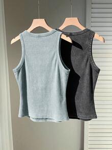 Comfortcana Bộ 2 áo hai dây dệt kim nhuộm loang - Xám - Xem 2