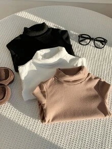 SHEIN 3pcs Baby Boy Turtleneck Long Sleeve Base Layer,Thermal Lined Winter Basics For Back-To-School,Black And White Solid Casual Tops For Carrer Day - Multicolor - View 4